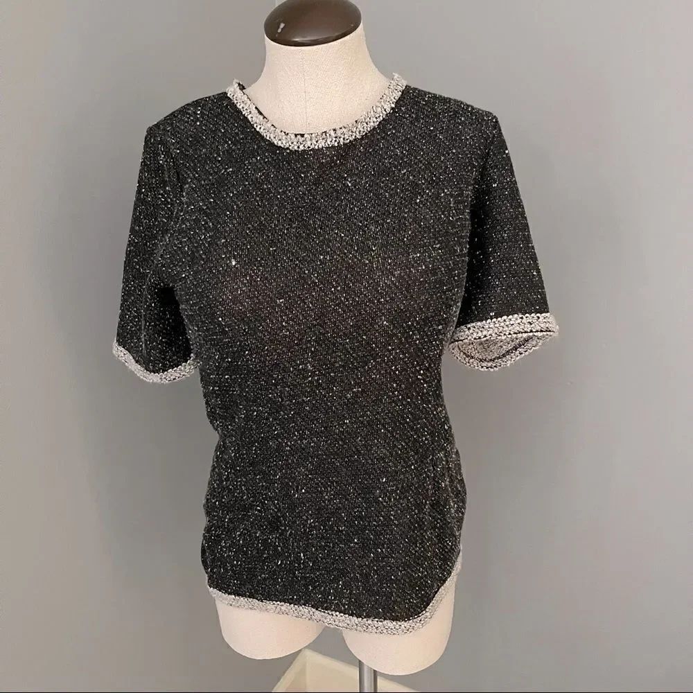 Cabi Coco Black Gray Tweed Knit Short Sleeve Top #542